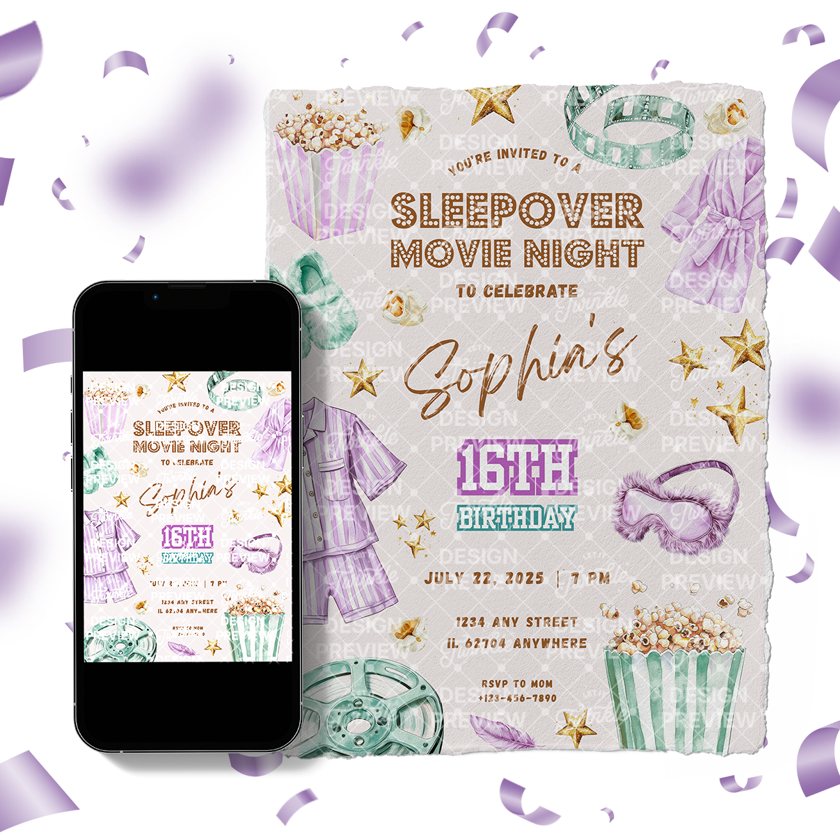 Sleepover Movie Night Birthday Invitation Template • Editable Canva Invitation • Purple & Turquoise