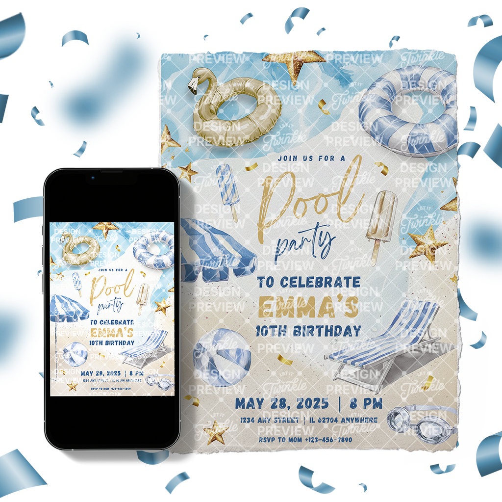 Pool Party Birthday Invitation Template • Editable Canva Invitation • Blue & Gold