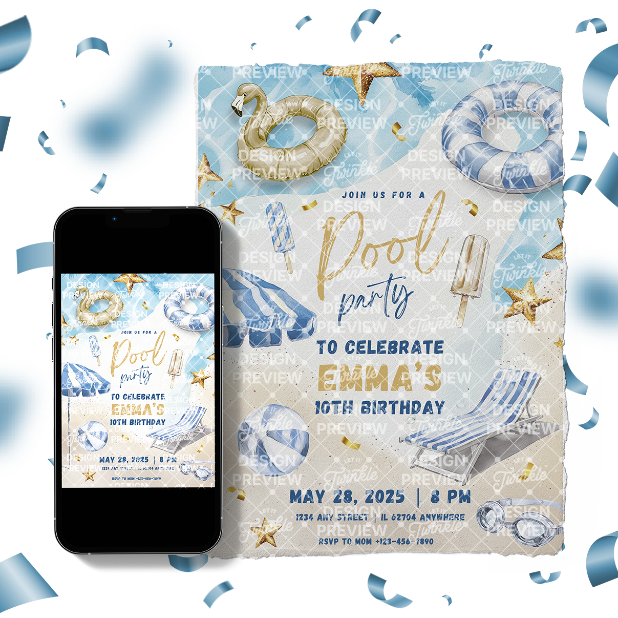 Pool Party Birthday Invitation Template • Editable Canva Invitation • Blue & Gold
