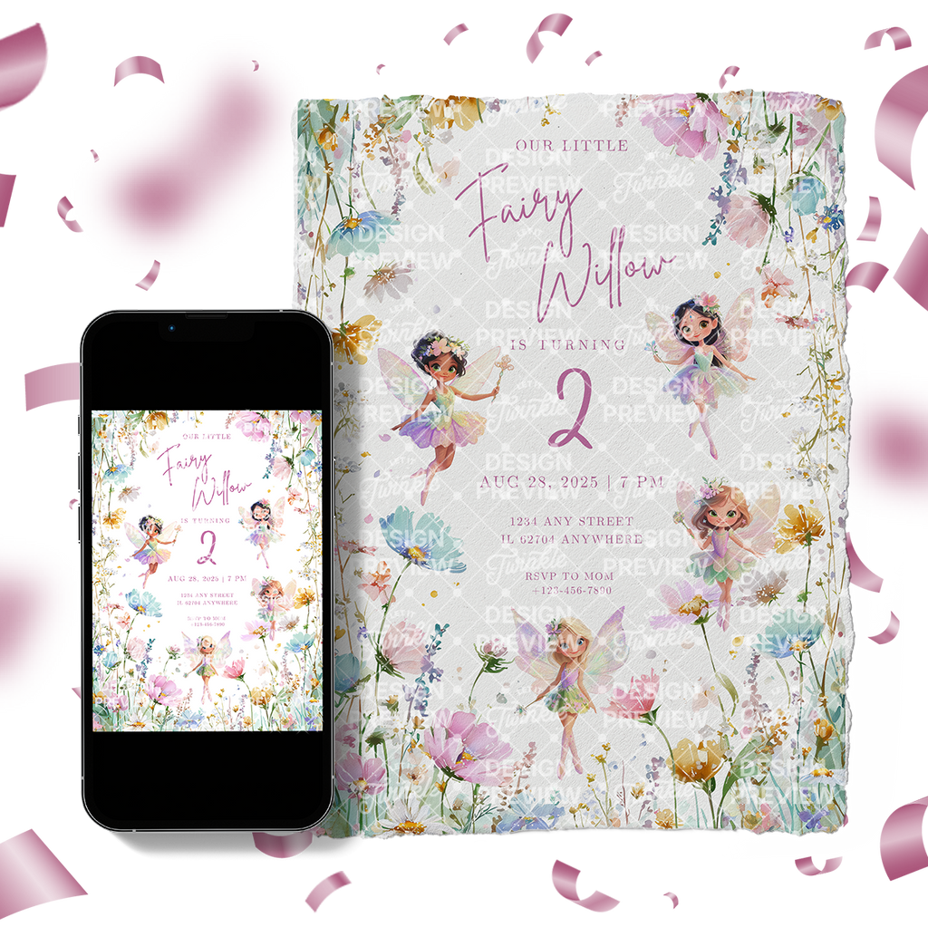 Fairy Flowers Birthday Invitation Template • Editable Canva Invitation • Pastel