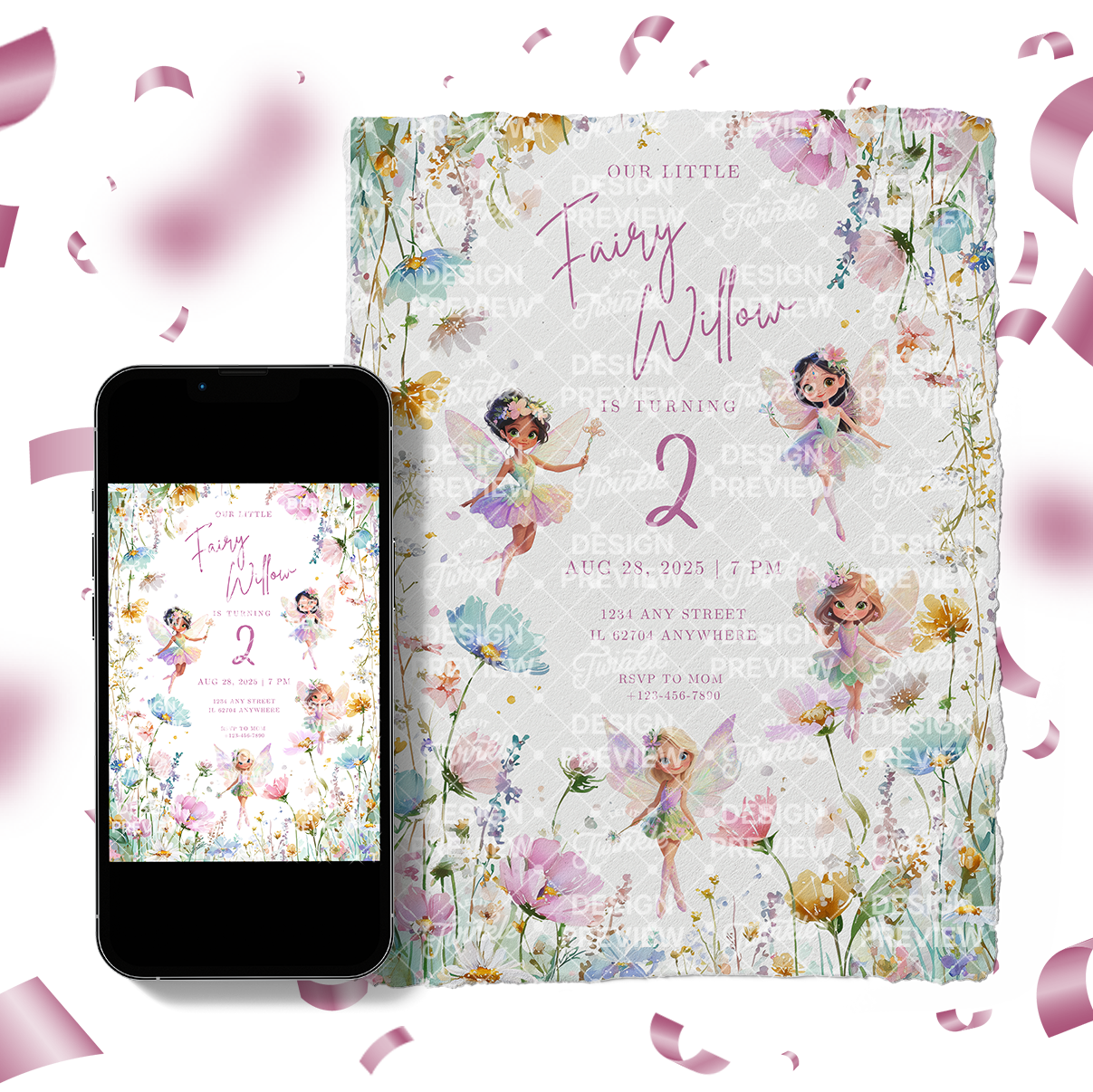 Fairy Flowers Birthday Invitation Template • Editable Canva Invitation • Pastel