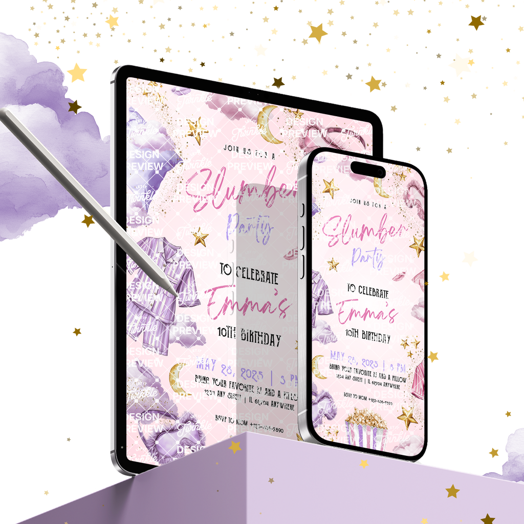 Slumber Party Birthday Invitation Template • Editable Canva Invitation • Purple & Pink