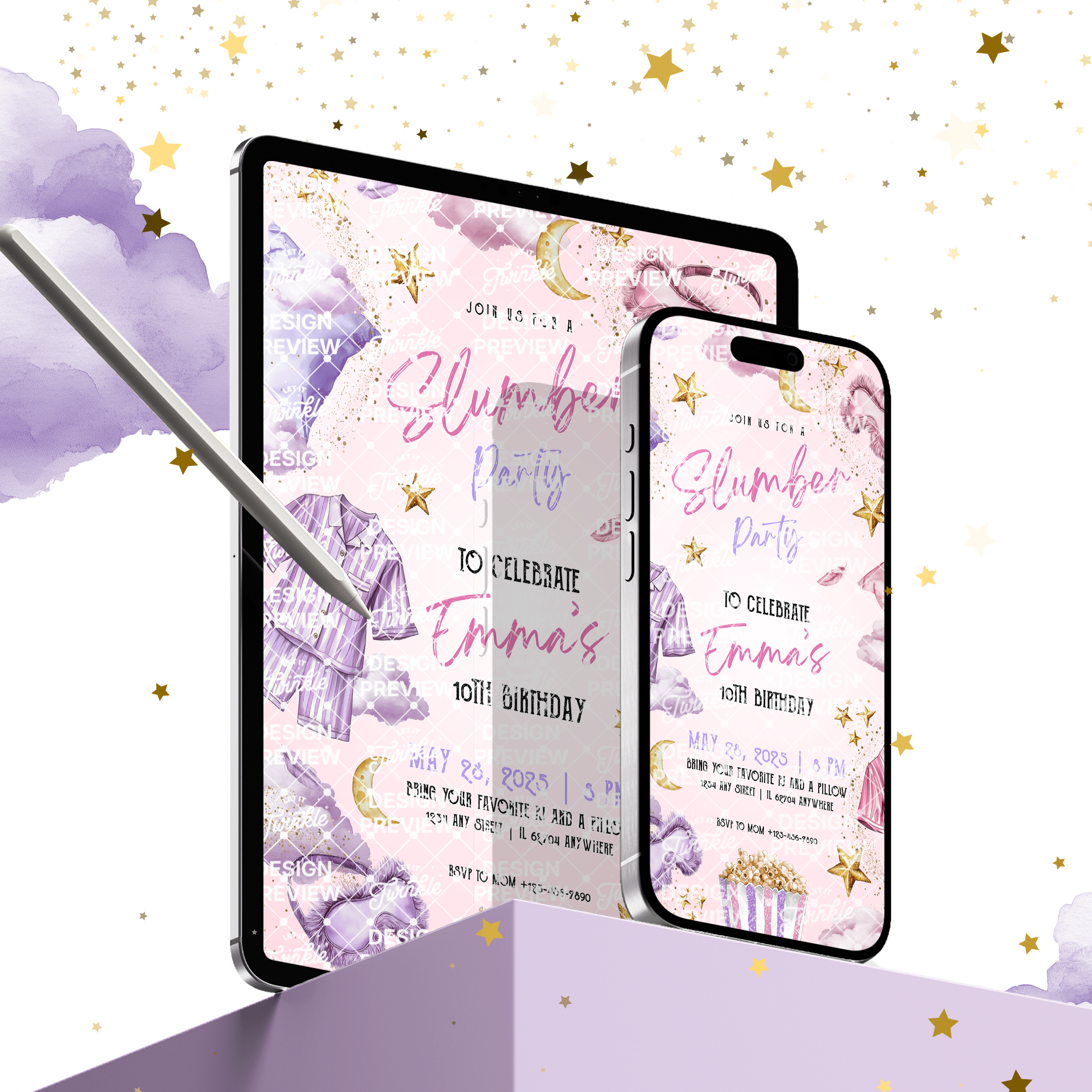 Slumber Party Birthday Invitation Template • Editable Canva Invitation • Purple & Pink