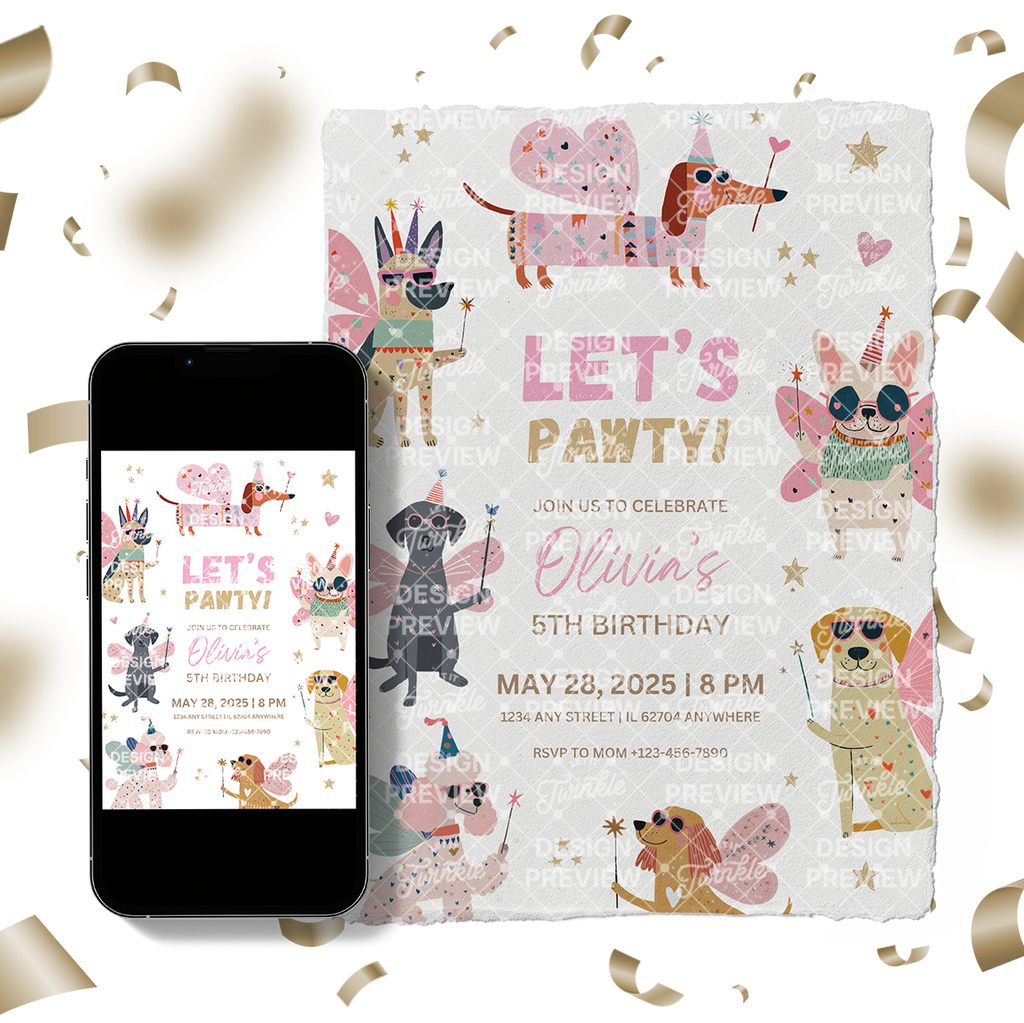 Let's Pawty Birthday Invitation Template • Editable Canva Invitation • Pink