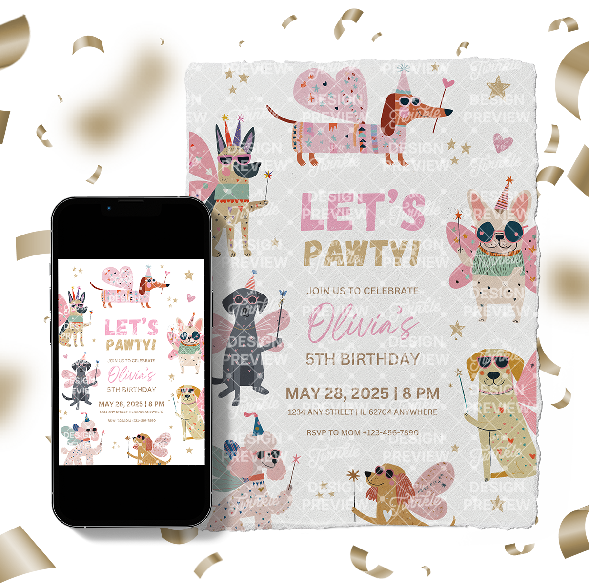 Let's Pawty Birthday Invitation Template • Editable Canva Invitation • Pink