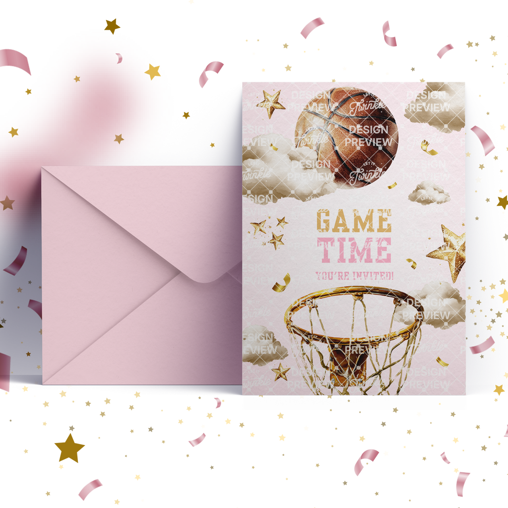 Basketball Birthday Invitation Template • Editable Canva Invitation • Pink & Gold