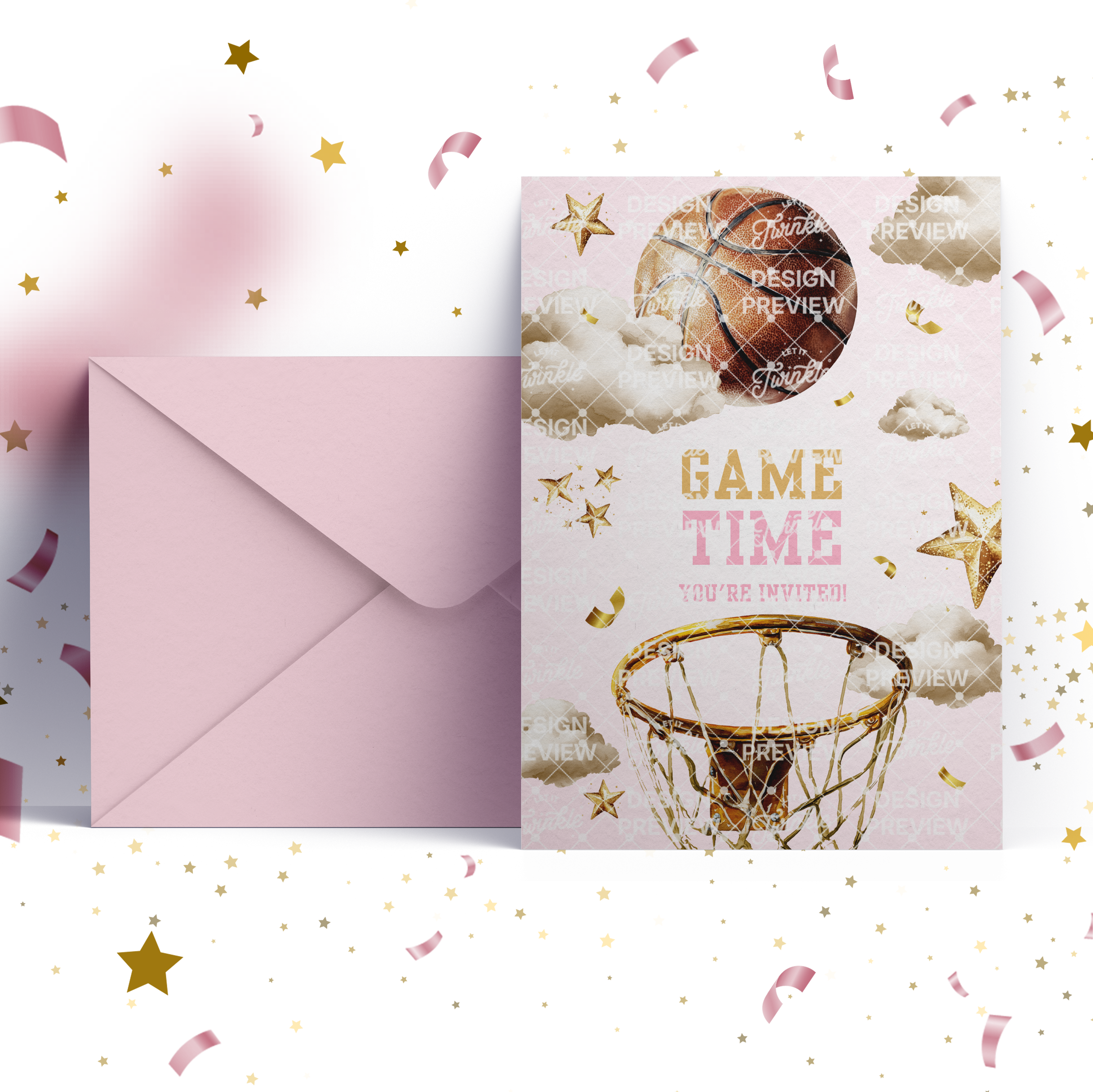 Basketball Birthday Invitation Template • Editable Canva Invitation • Pink & Gold