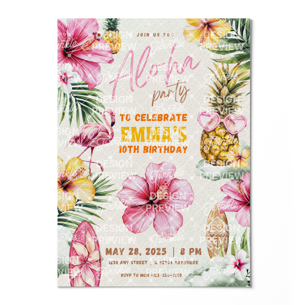 Aloha Birthday Invitation Template • Editable Canva Invitation • Yellow & Pink