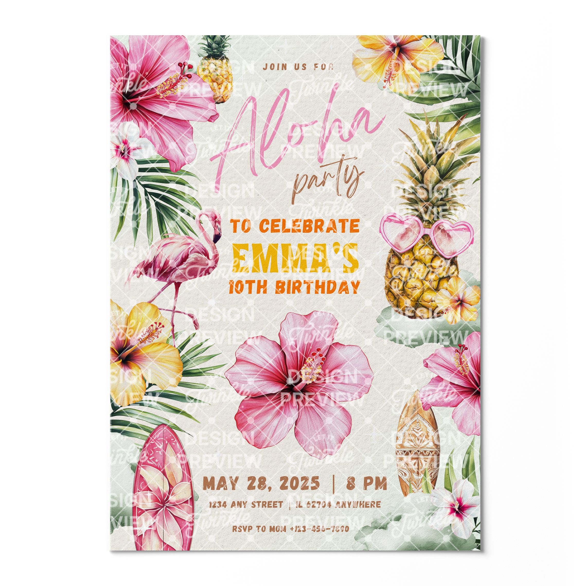 Aloha Birthday Invitation Template • Editable Canva Invitation • Yellow & Pink
