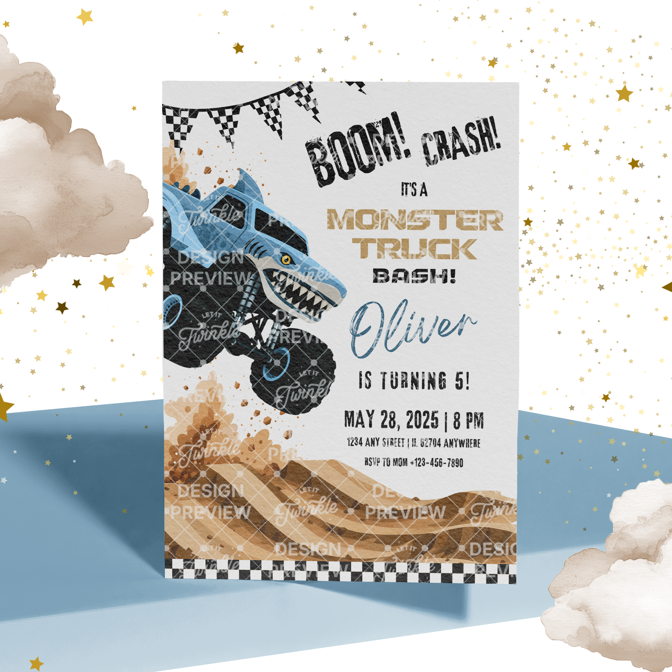 Monstertruck Geburtstagseinladung Lila & Blau