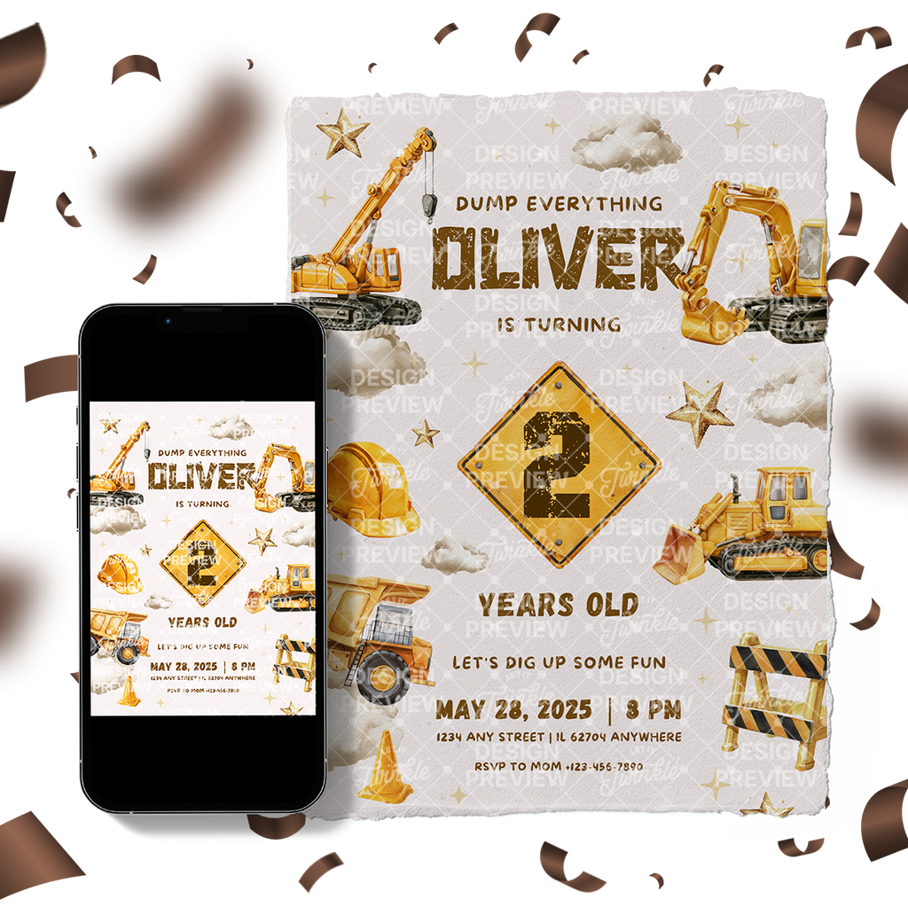 Construction Sign Birthday Invitation Template • Editable Canva Invitation • Yellow, Beige & Gold