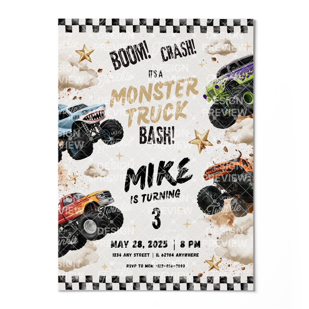 Monster Truck Bash Birthday Invitation Template • Editable Canva Invitation • Beige & Black