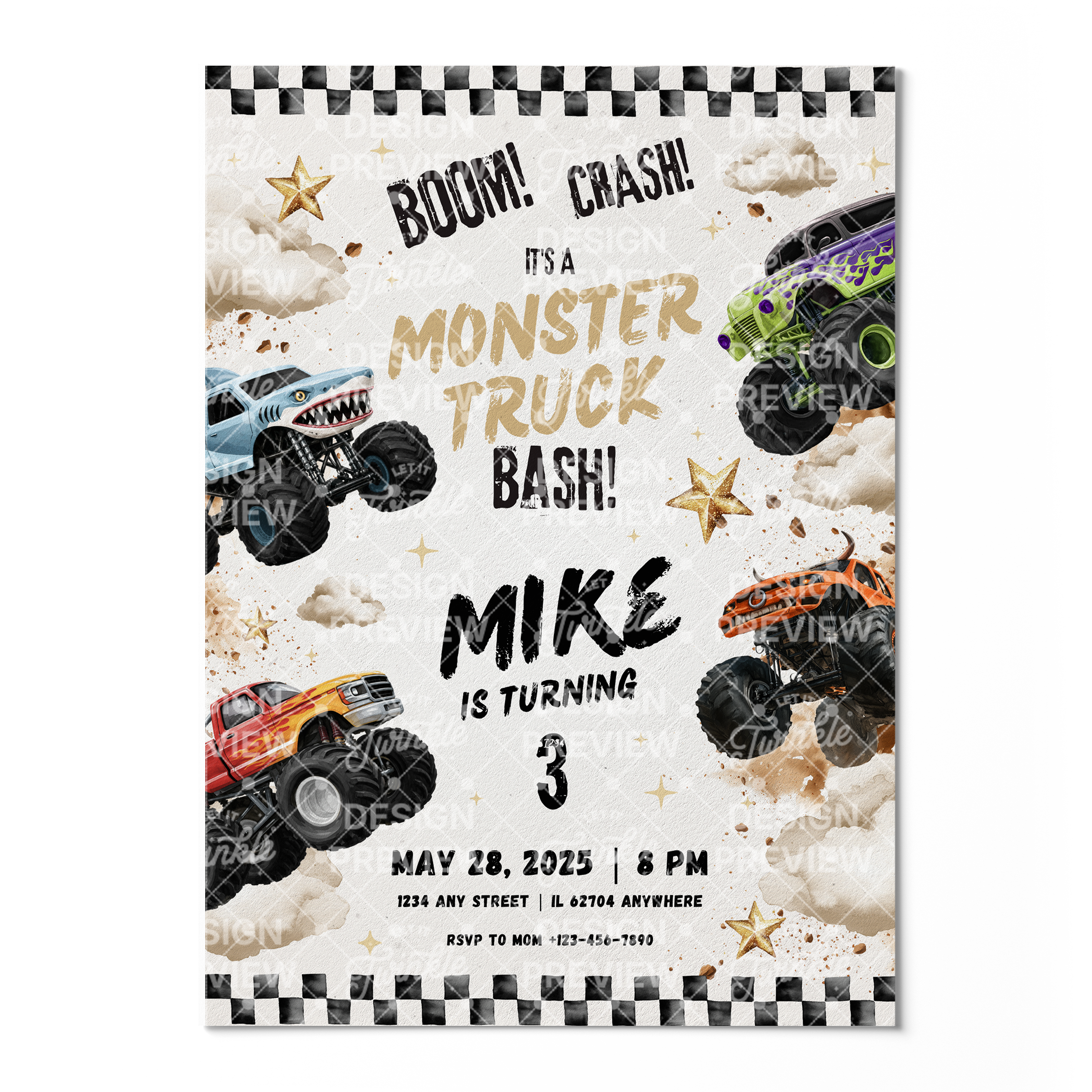 Monstertruck Geburtstagseinladung Lila & Blau