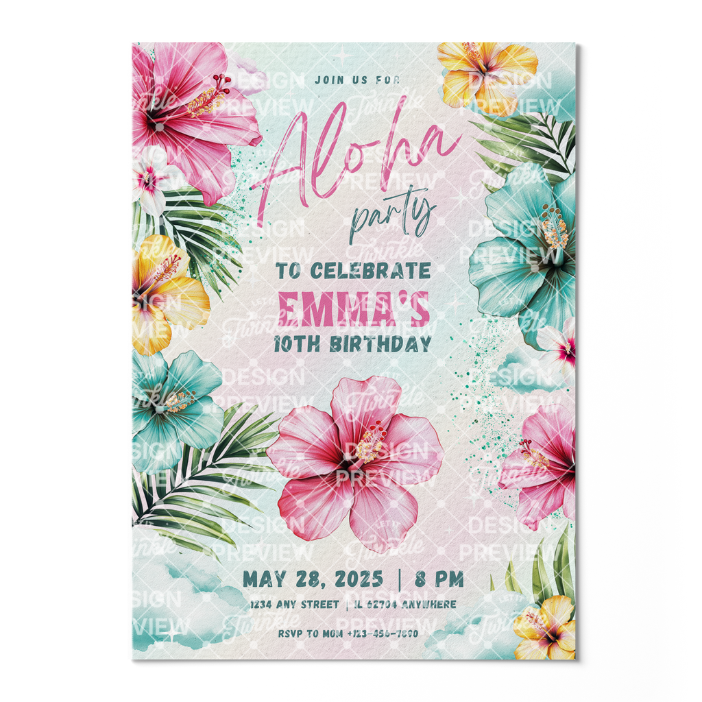 Aloha Birthday Invitation Template • Editable Canva Invitation • Pink & Turquoise