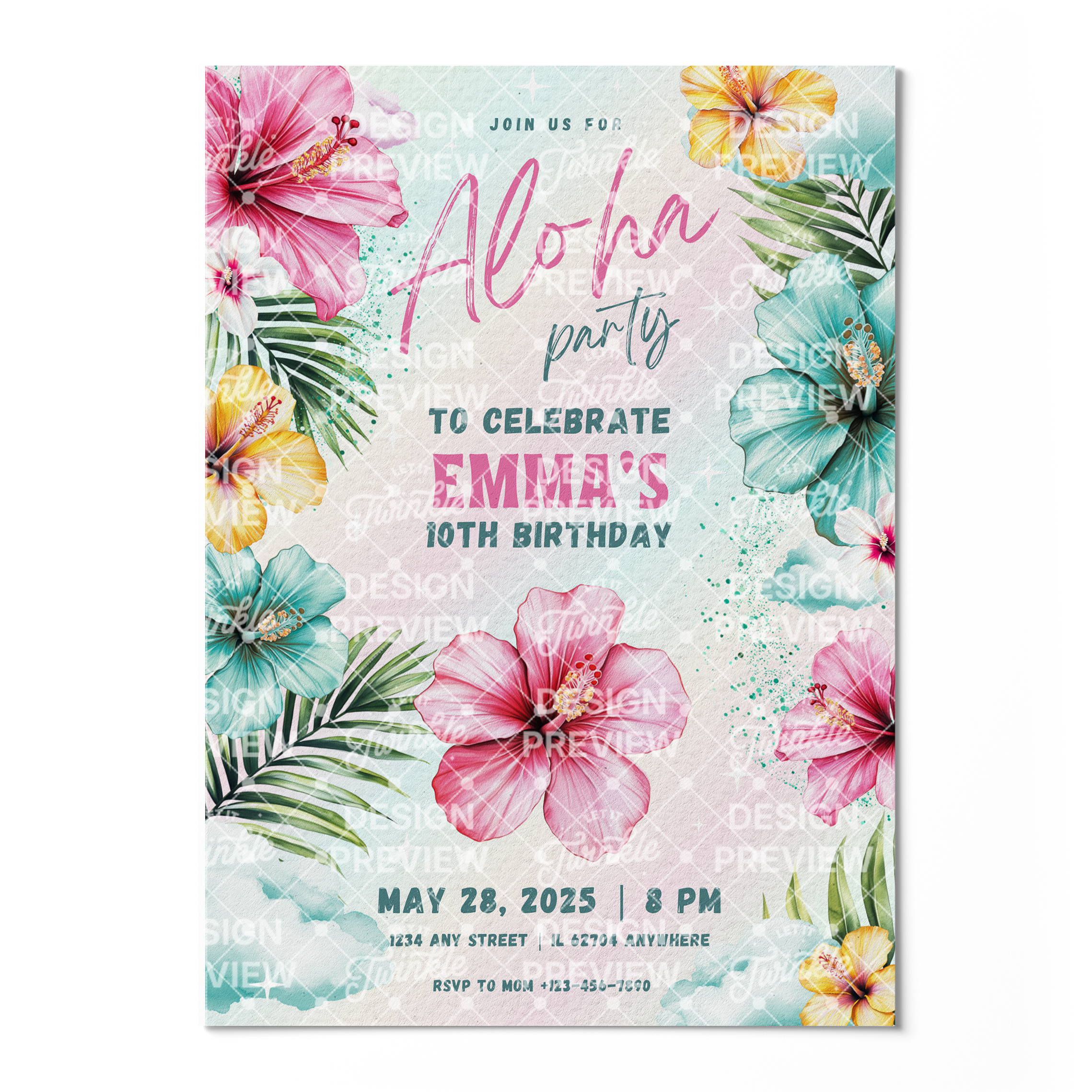Aloha Birthday Invitation Template • Editable Canva Invitation • Pink & Turquoise
