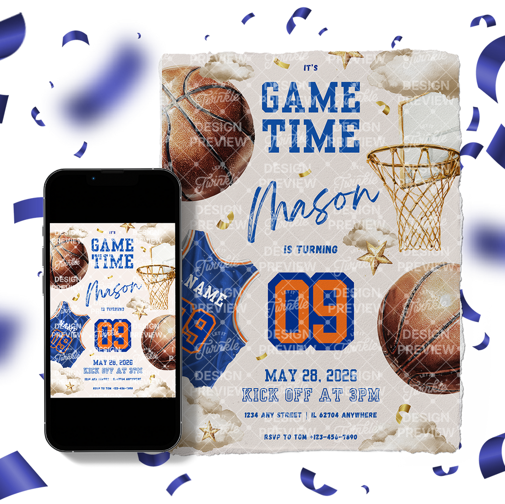 Basketball Geburtstagseinladung Blau & Gelb