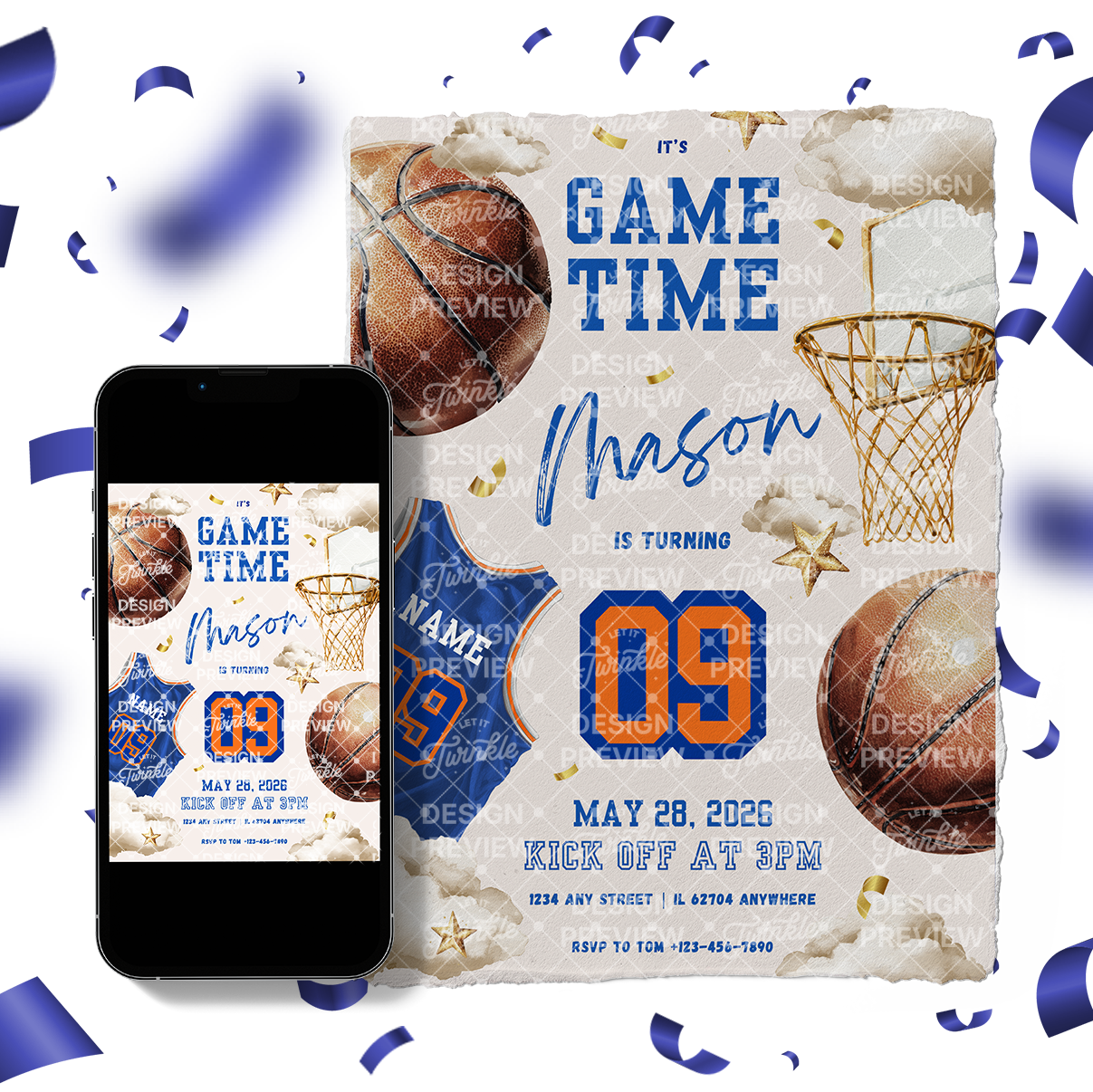 Basketball Geburtstagseinladung Blau & Gelb