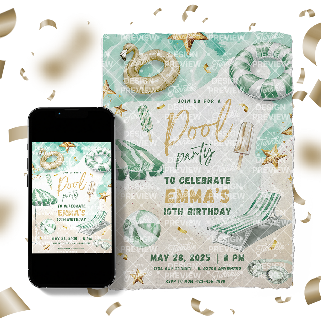 Pool Party Birthday Invitation Template • Editable Canva Invitation • Green & Gold