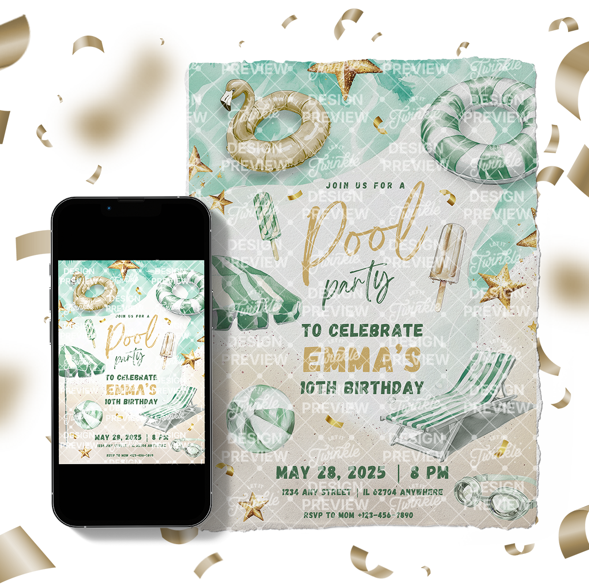 Pool Party Birthday Invitation Template • Editable Canva Invitation • Green & Gold