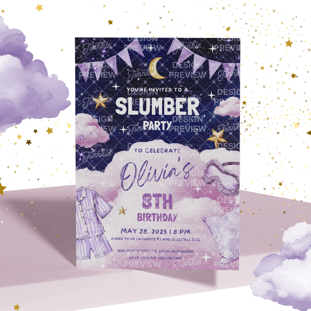 Pajama Party Night Birthday Invitation Template • Editable Canva Invitation • Purple & Pink