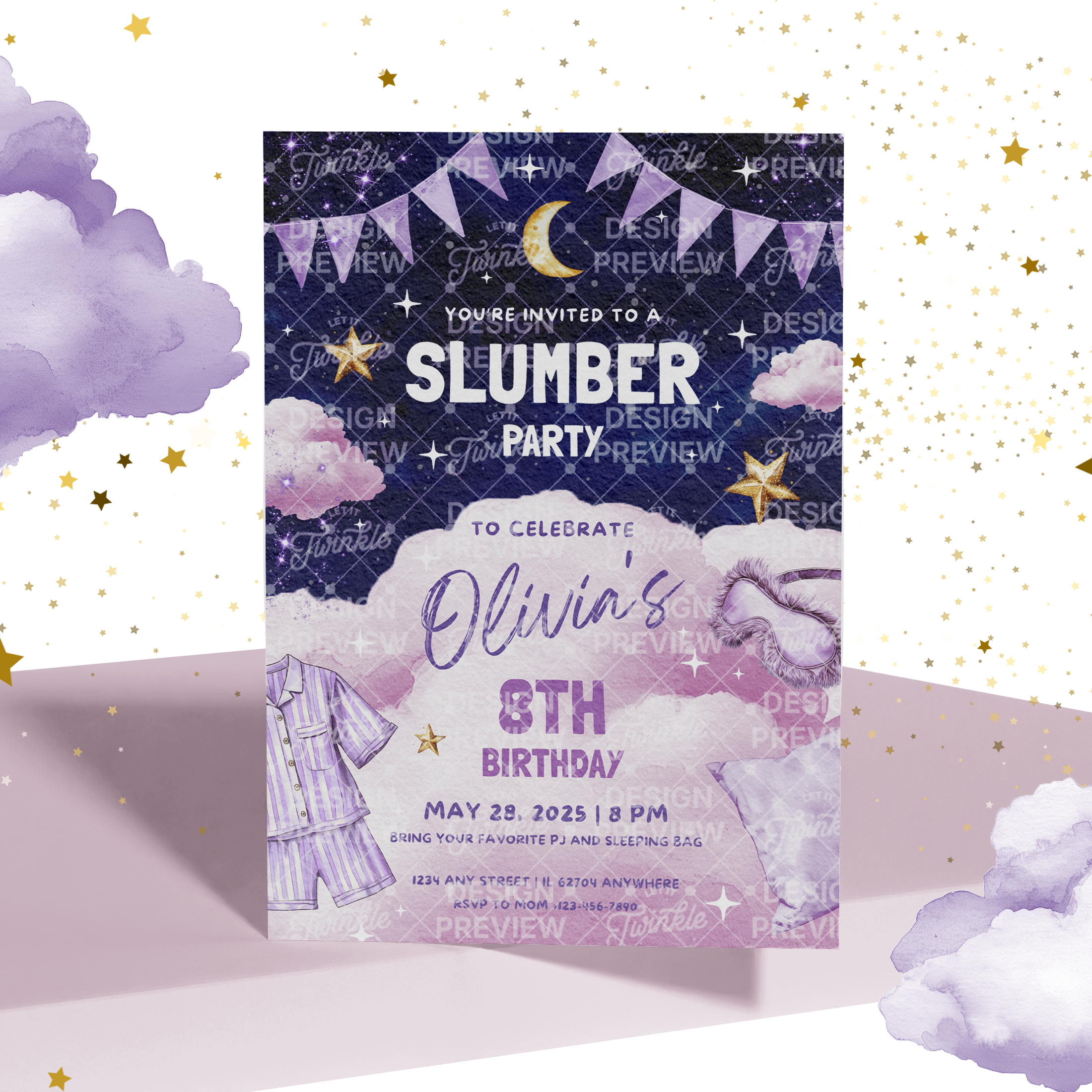 Pajama Party Night Birthday Invitation Template • Editable Canva Invitation • Purple & Pink