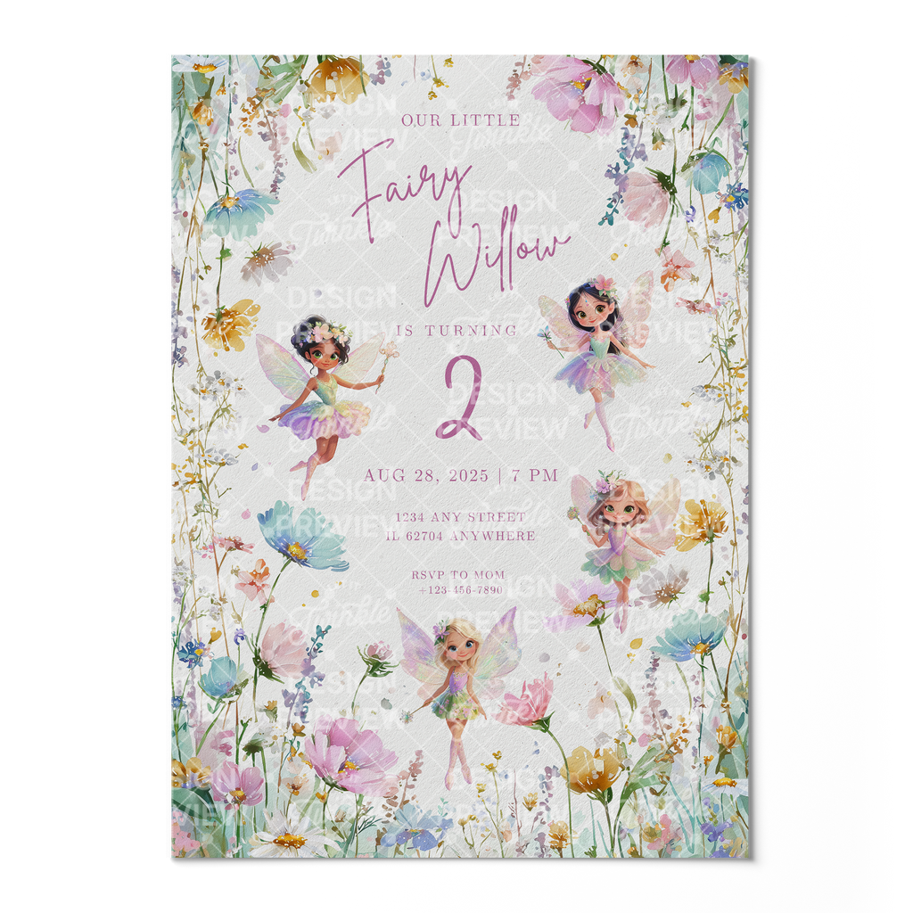 Fairy Flowers Birthday Invitation Template • Editable Canva Invitation • Pastel