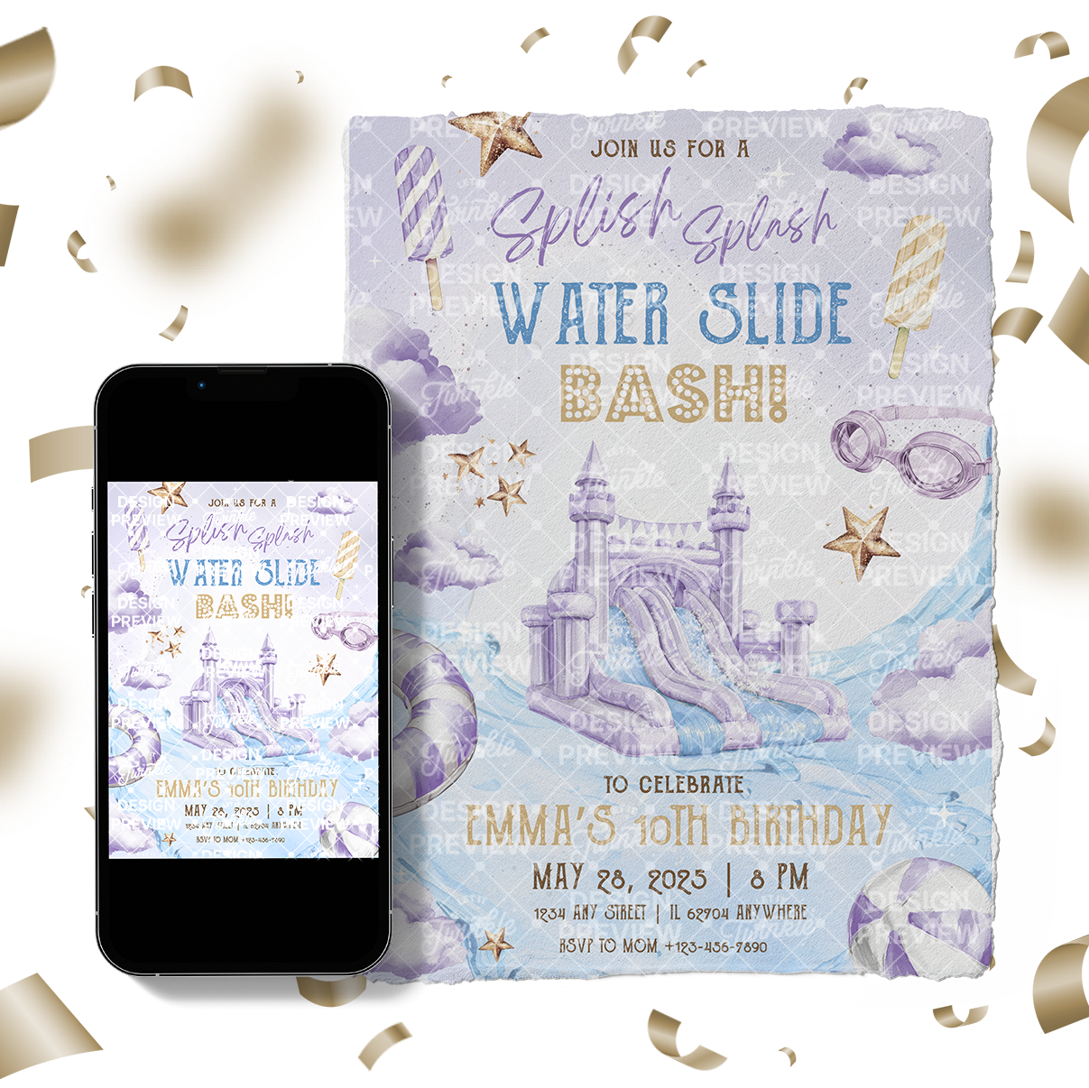 Poolparty-Geburtstagseinladung Beige & Gold
