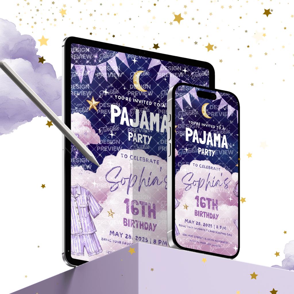 Pajama Party Night Birthday Invitation Template • Editable Canva Invitation • Purple & Pink