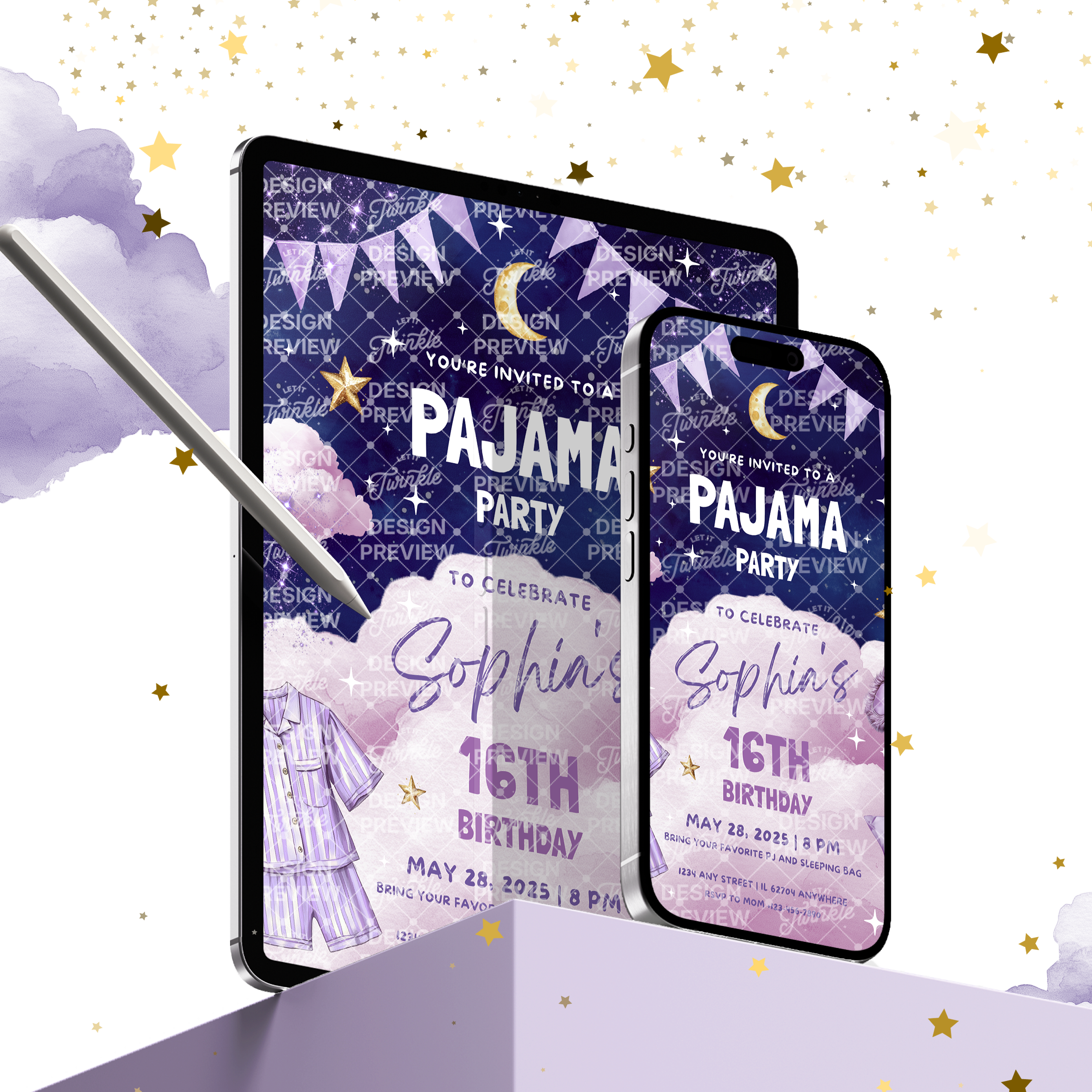 Pajama Party Night Birthday Invitation Template • Editable Canva Invitation • Purple & Pink