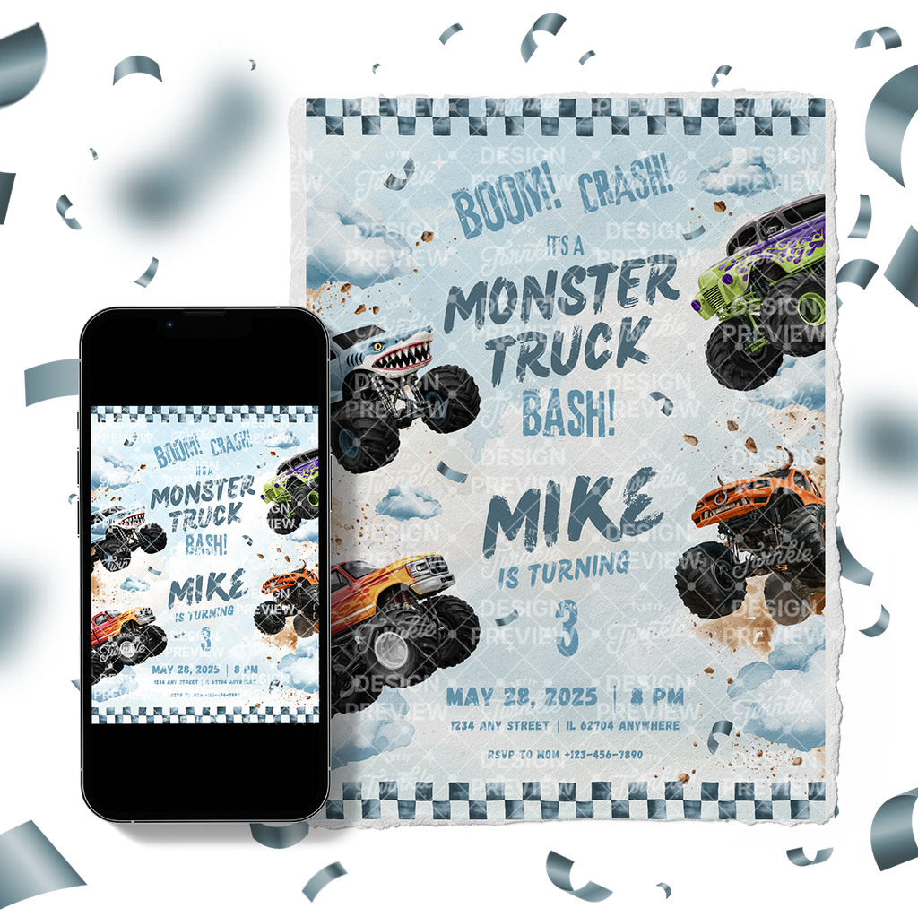 Monster Truck Bash Birthday Invitation Template • Editable Canva Invitation • Blue
