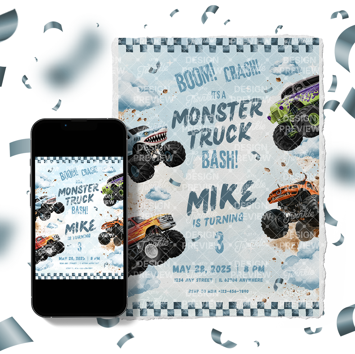 Monstertruck Geburtstagseinladung Lila & Blau