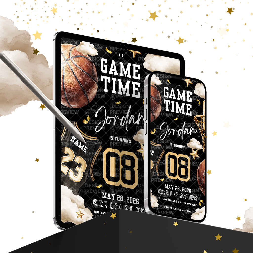 Basketball Birthday Invitation Template • Editable Canva Invitation • Black & Gold