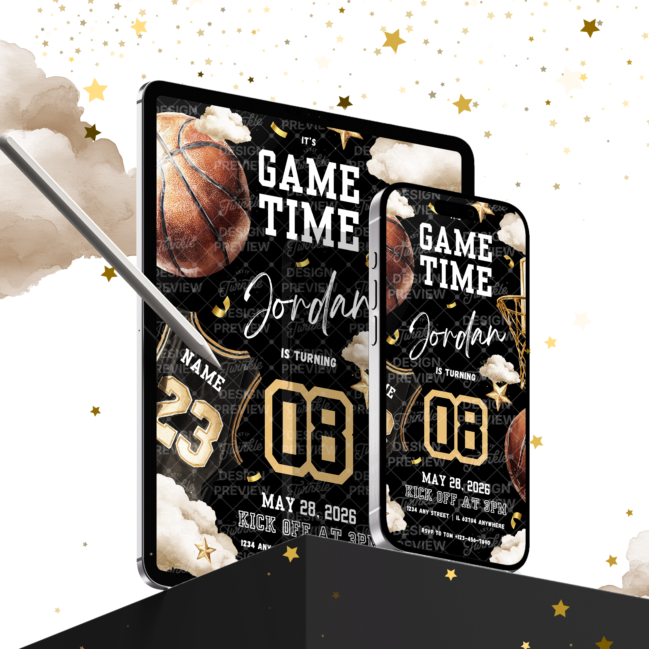 Basketball Birthday Invitation Template • Editable Canva Invitation • Black & Gold