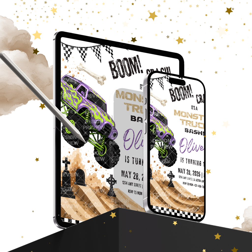 Monstertruck Geburtstagseinladung Lila & Blau