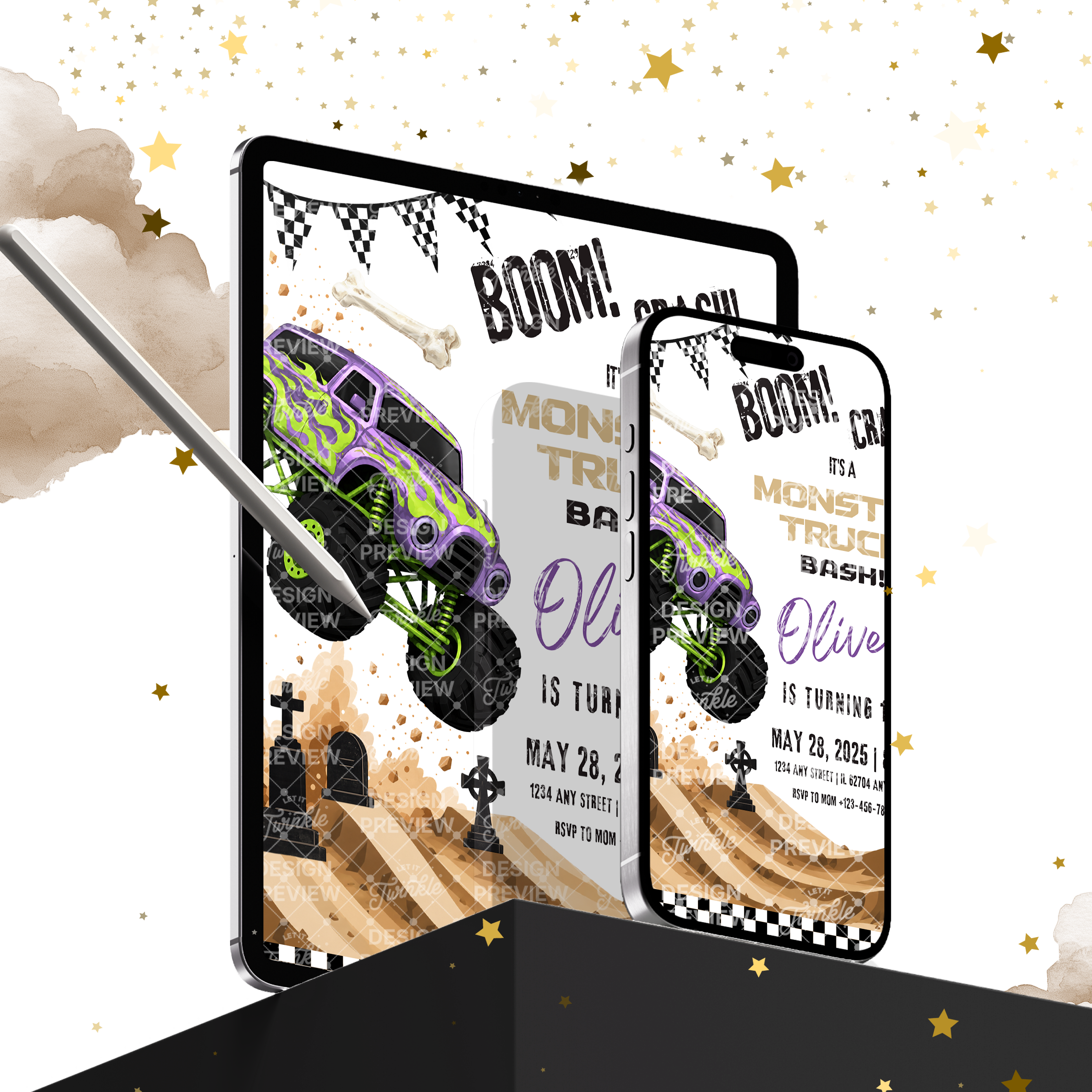 Monstertruck Geburtstagseinladung Lila & Blau