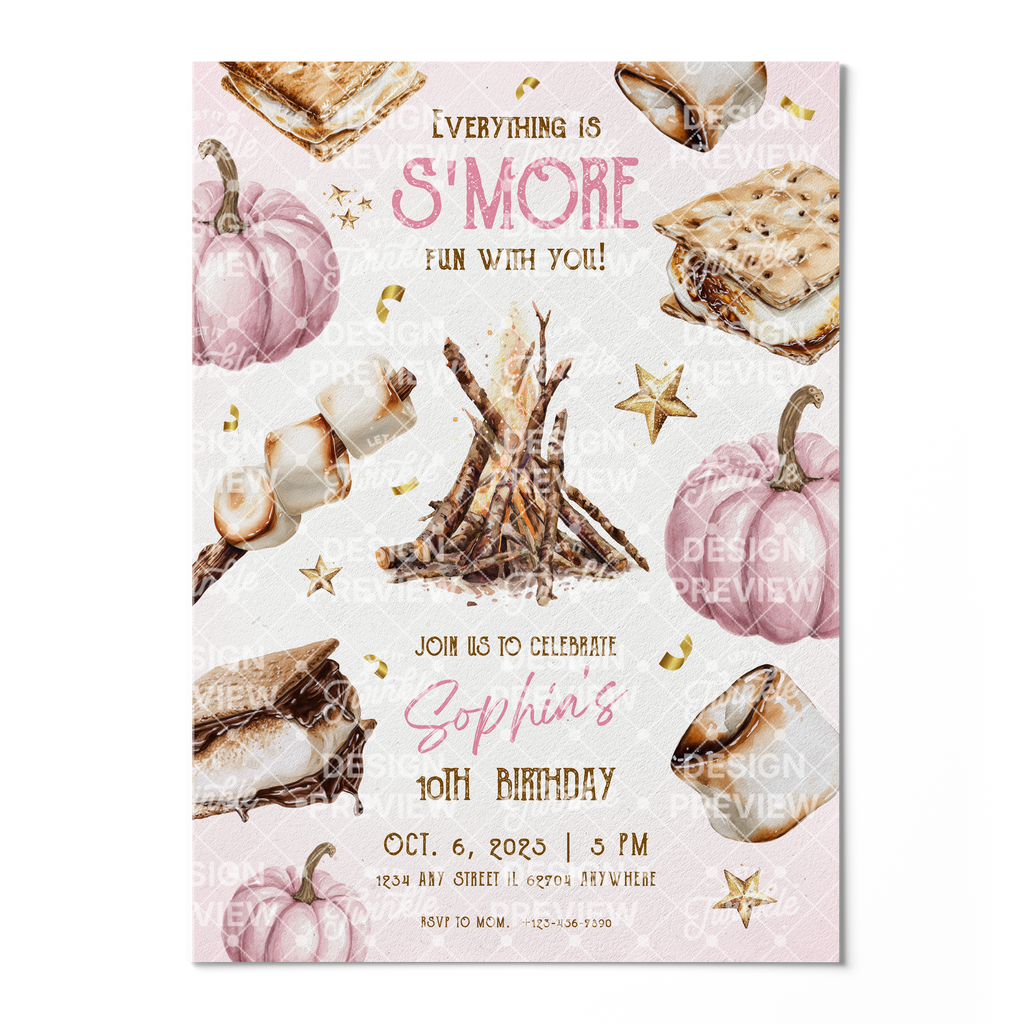S'more Birthday Invitation Template • Editable Canva Invitation • Pink & Gold