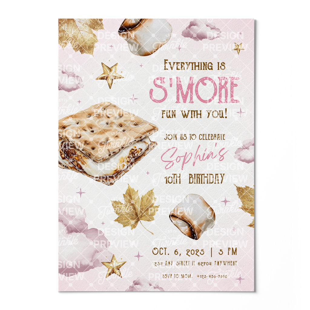S'more Fun Birthday Invitation Template • Editable Canva Invitation • Pink & Gold