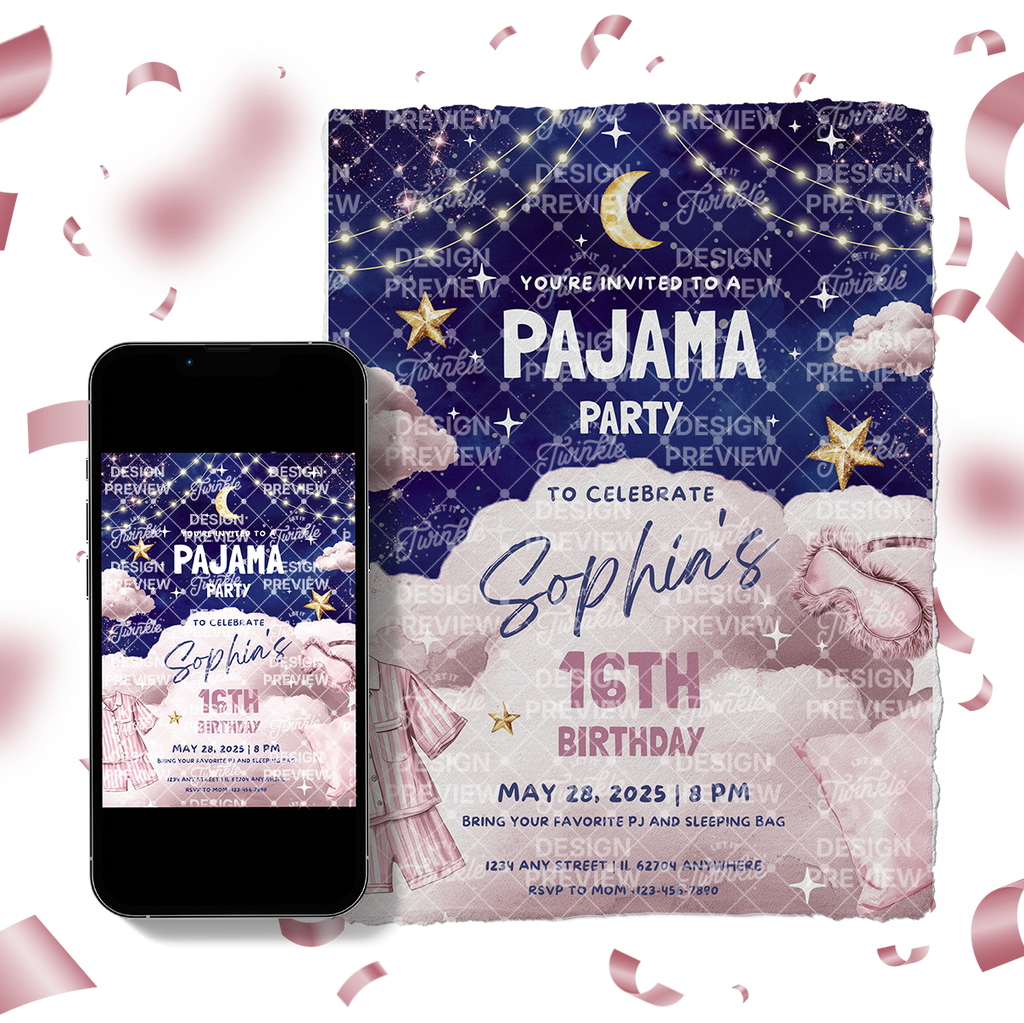 Pajama Party Night Birthday Invitation Template • Editable Canva Invitation • Pink