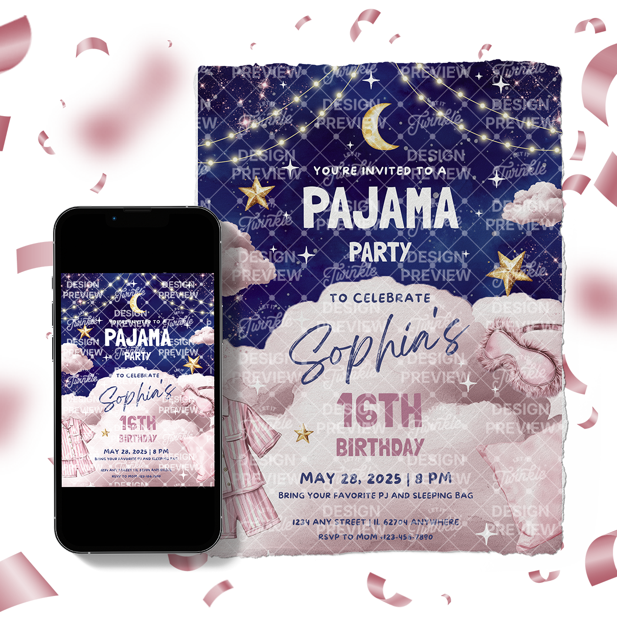 Pajama Party Night Birthday Invitation Template • Editable Canva Invitation • Pink