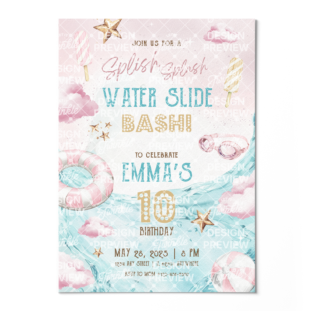 Poolparty-Geburtstagseinladung Beige & Gold