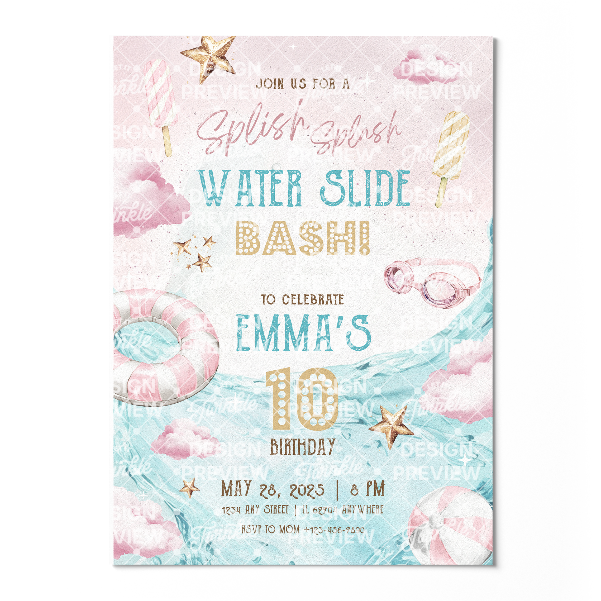 Poolparty-Geburtstagseinladung Beige & Gold