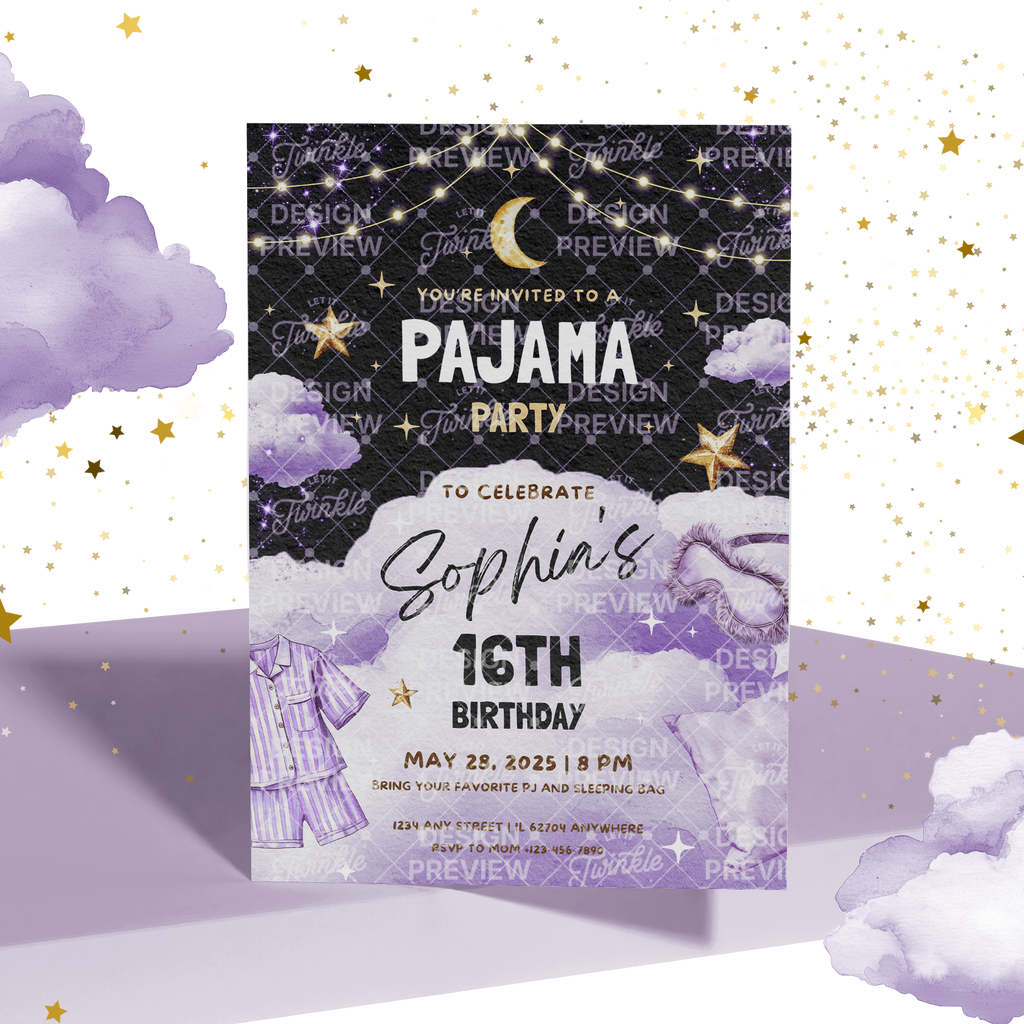Pajama Party Night Birthday Invitation Template • Editable Canva Invitation • Purple, Black & Gold