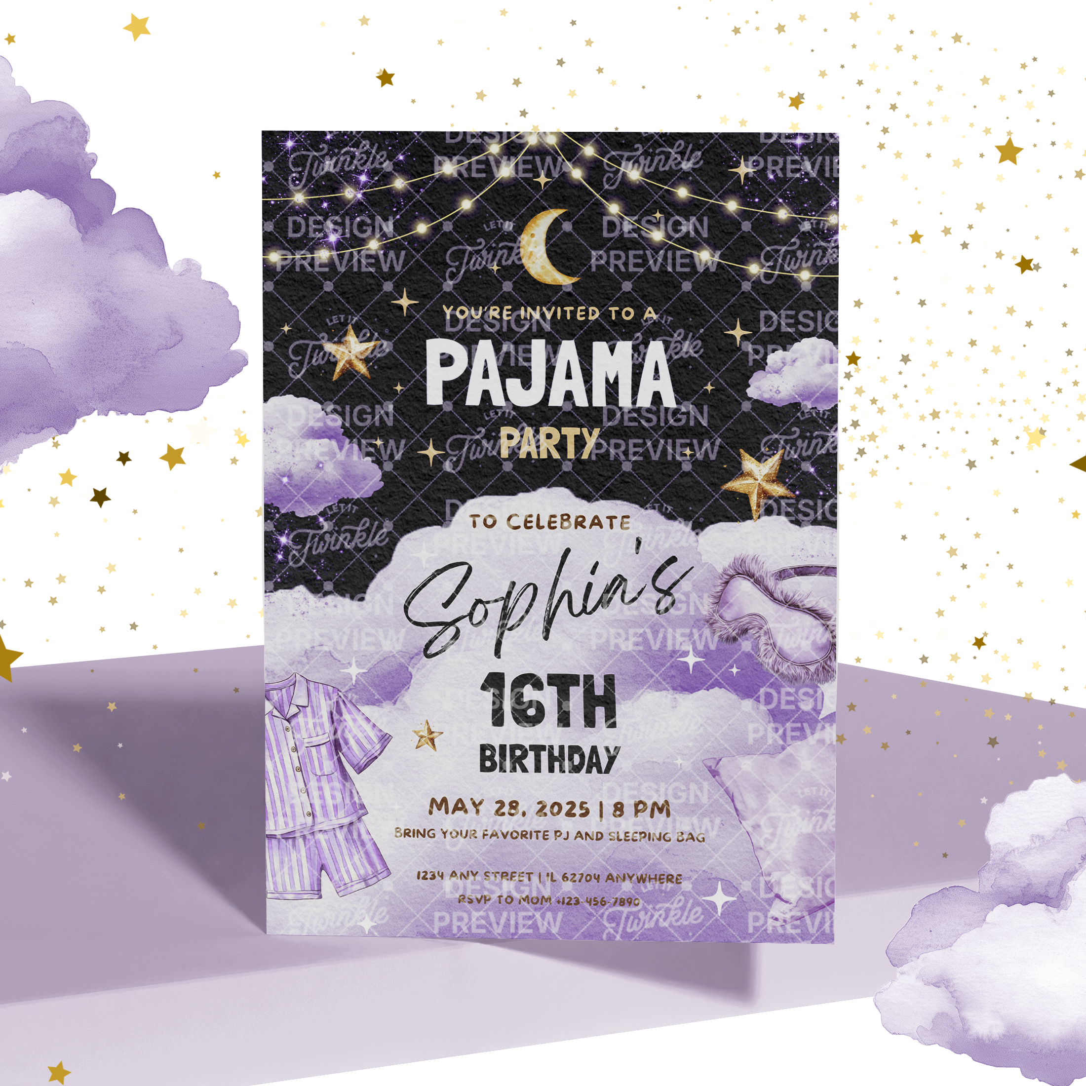 Pajama Party Night Birthday Invitation Template • Editable Canva Invitation • Purple, Black & Gold