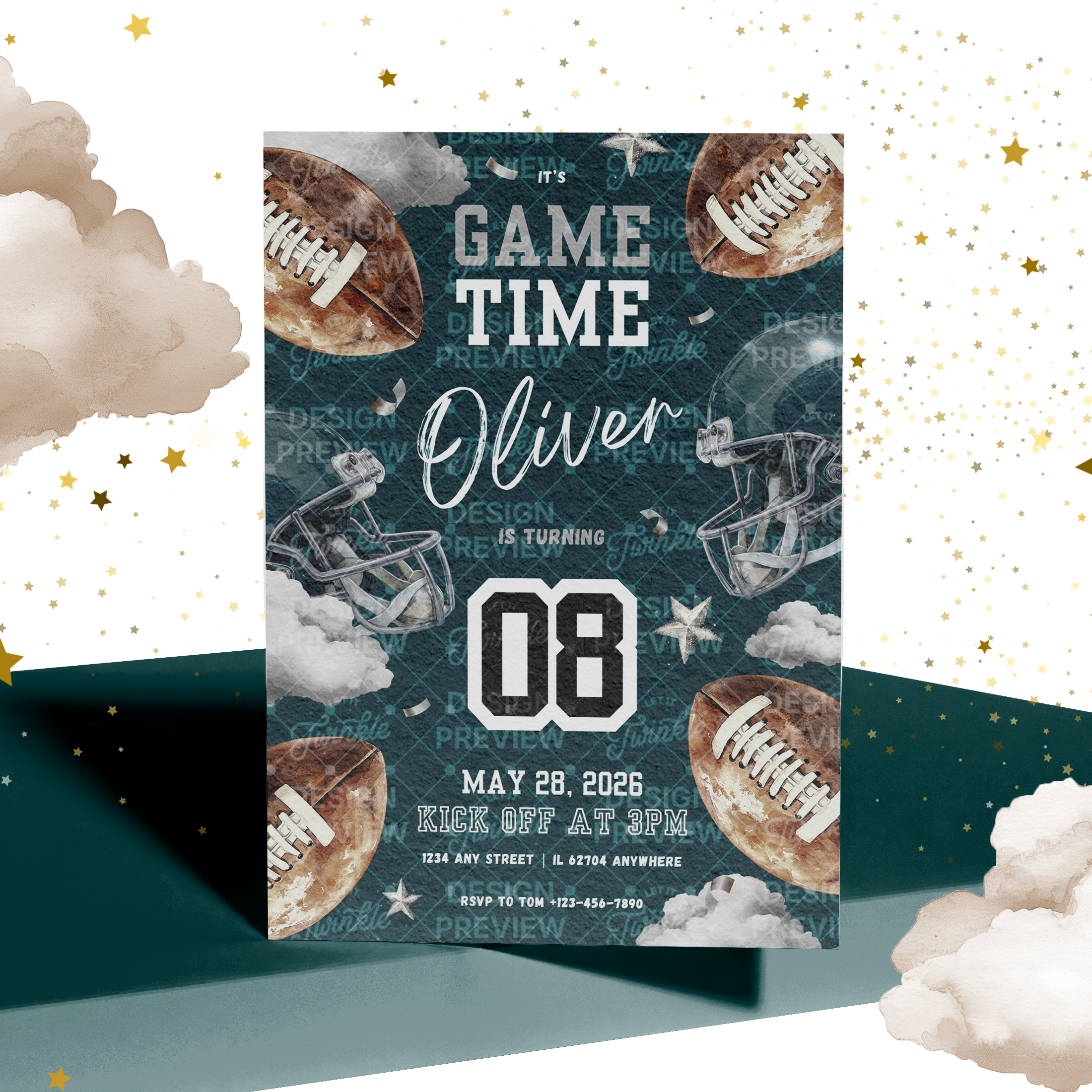 Football Birthday Invitation Template • Editable Canva Invitation • Dark Teal