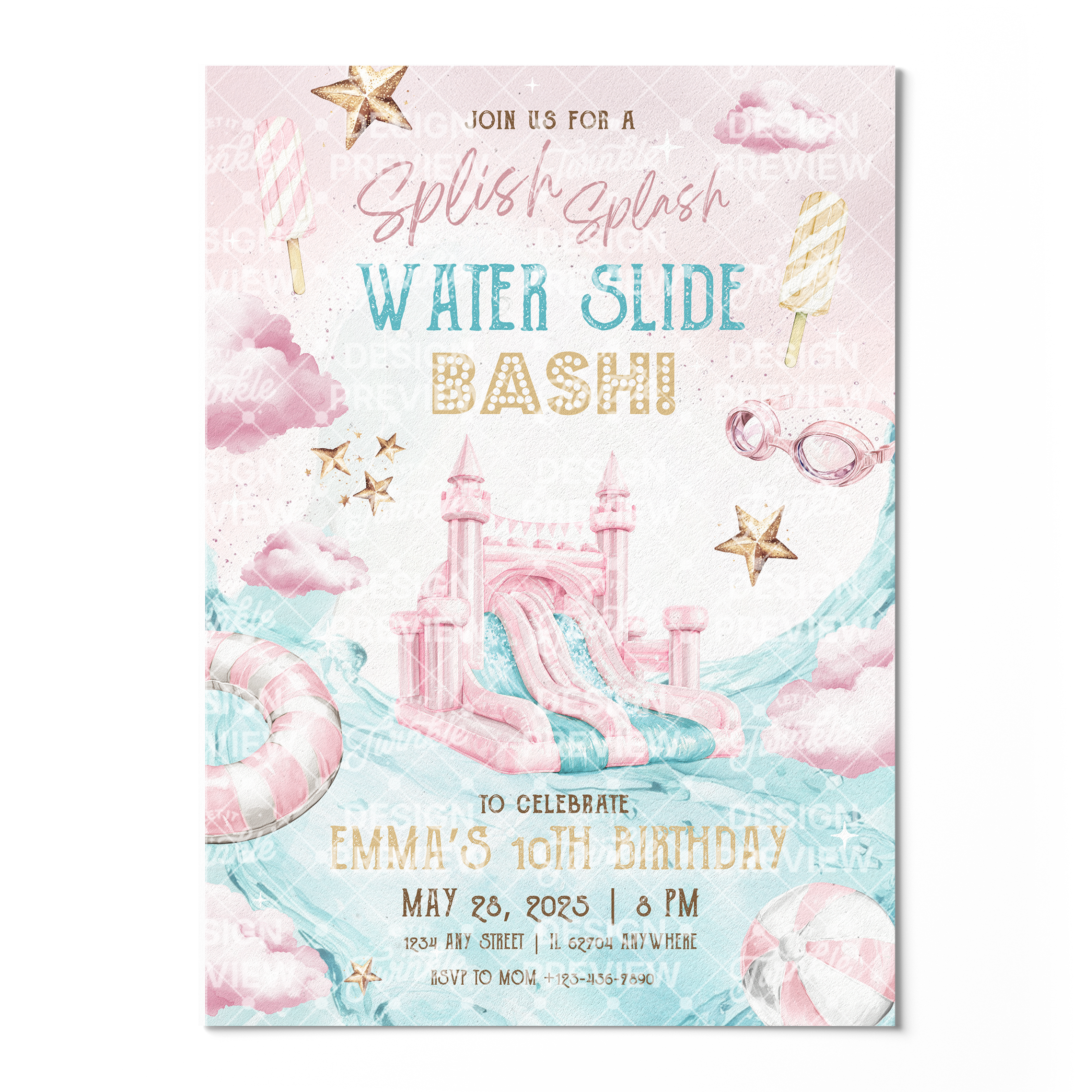 Poolparty-Geburtstagseinladung Beige & Gold
