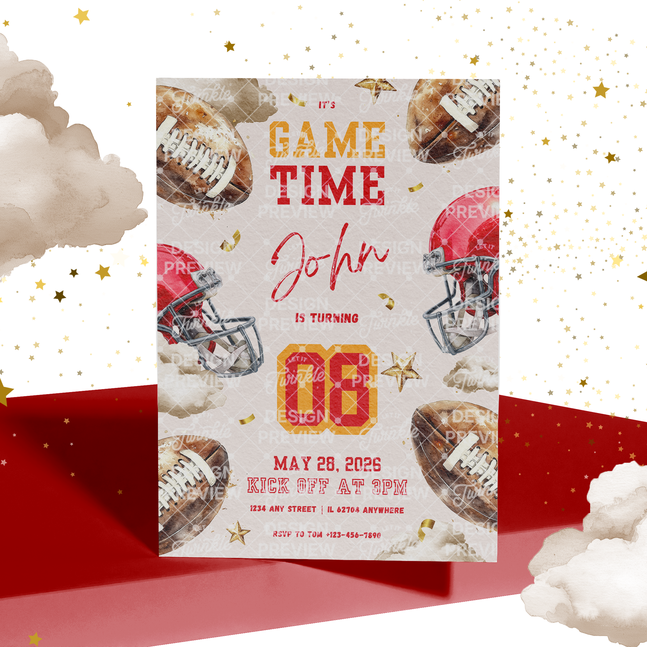 Football Birthday Invitation Template • Editable Canva Invitation • Red & Yellow