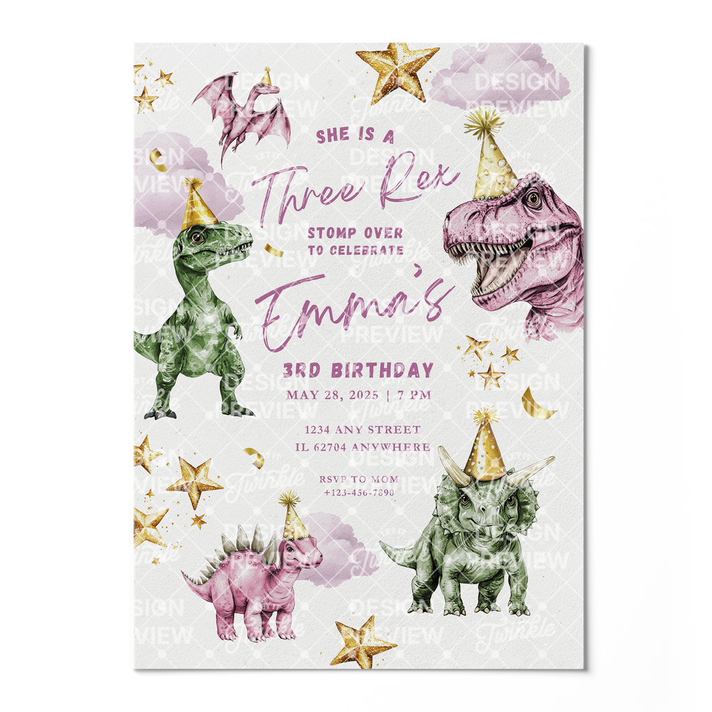 Three Rex Dinosaur Birthday Invitation Template • Editable Canva Invitation • Pink & Green