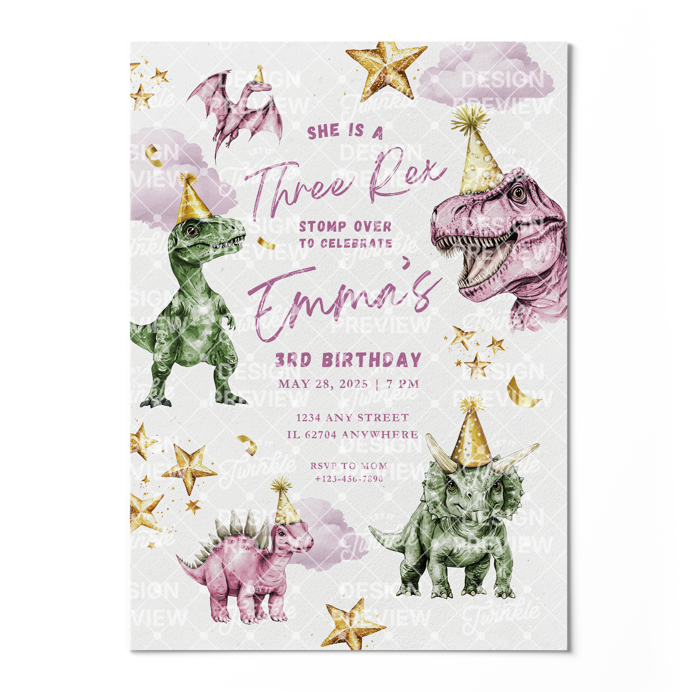 Three Rex Dinosaur Birthday Invitation Template • Editable Canva Invitation • Pink & Green