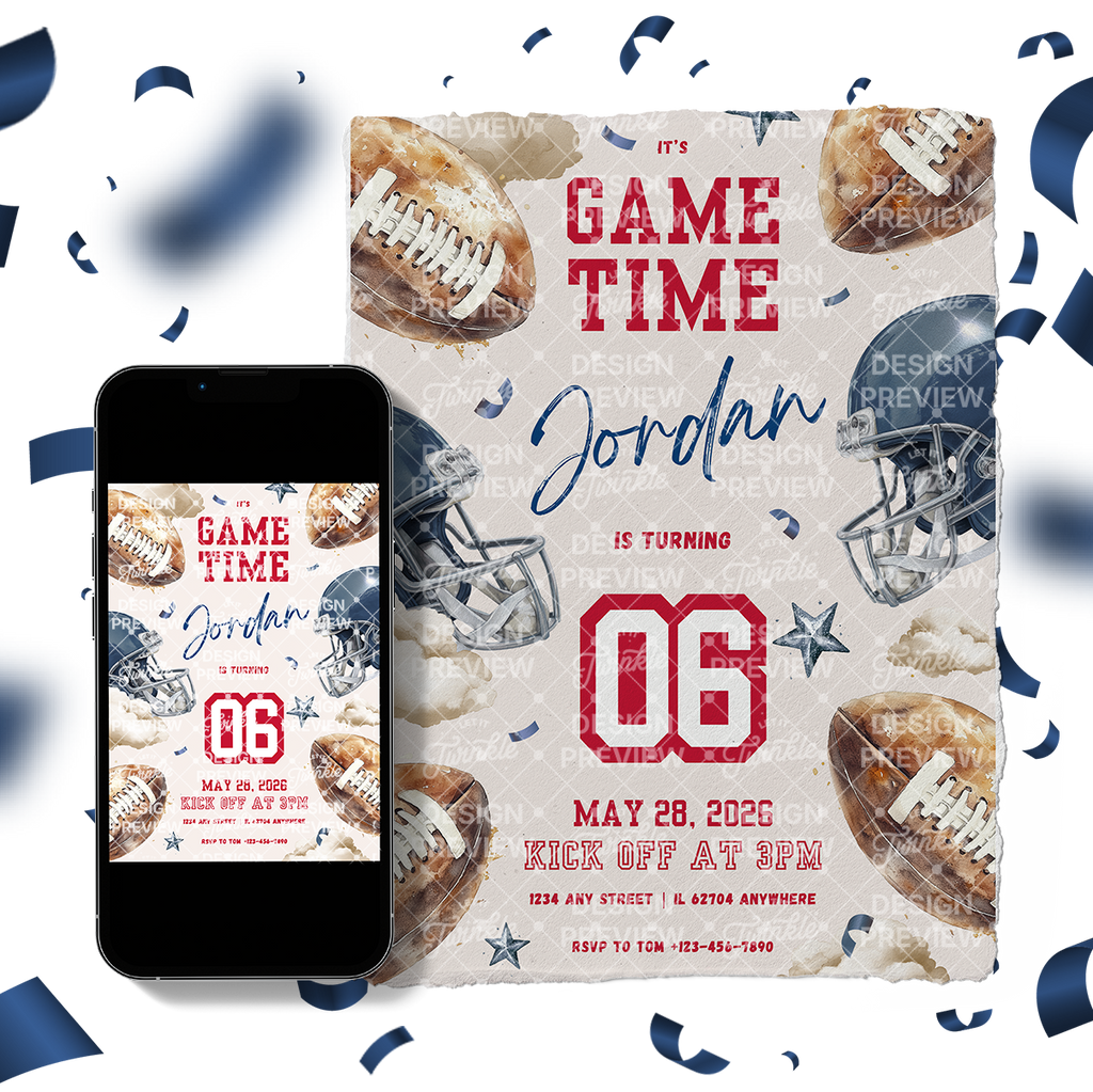 Football Birthday Invitation Template • Editable Canva Invitation • Blue & Red