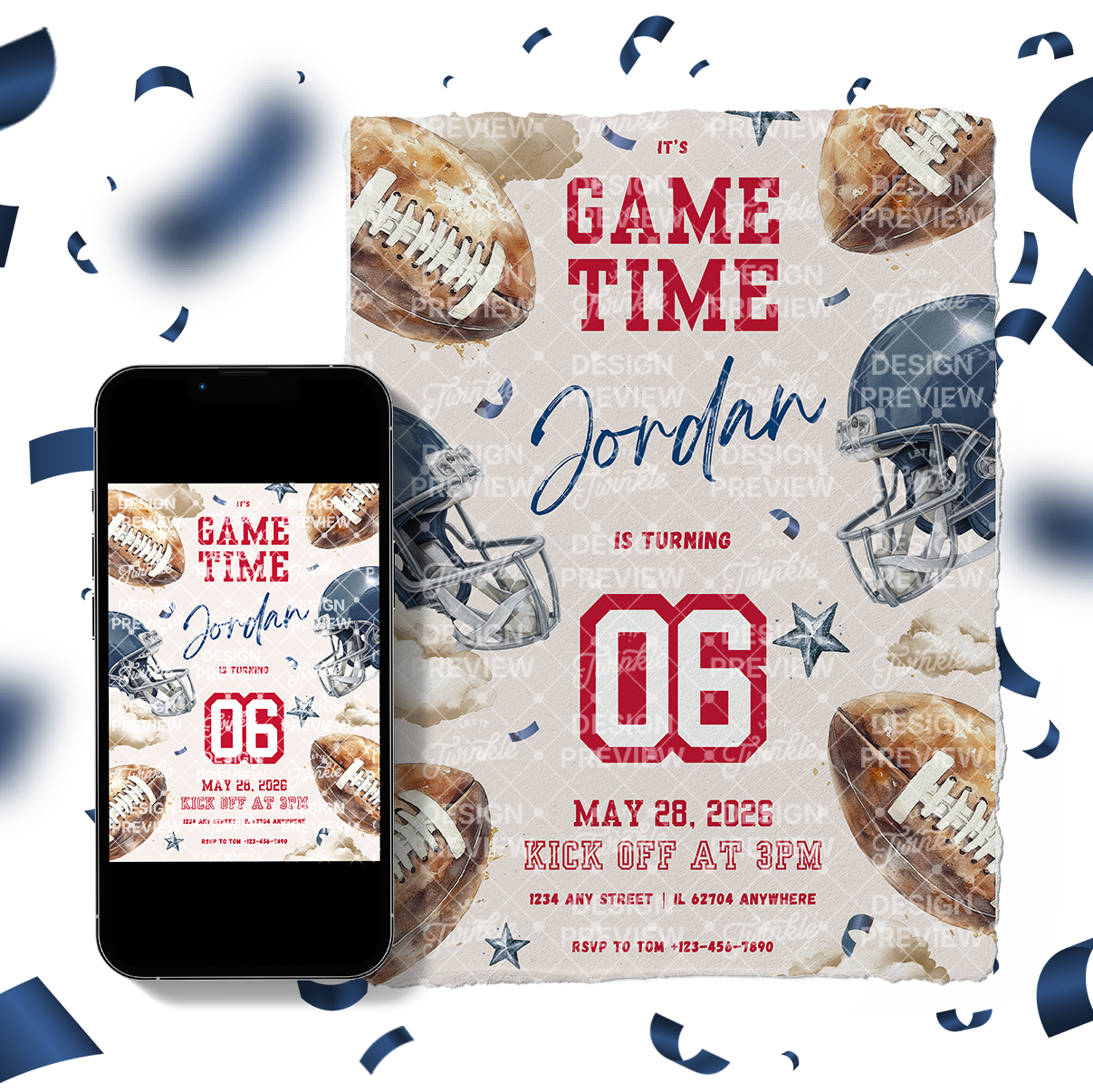 Football Birthday Invitation Template • Editable Canva Invitation • Blue & Red